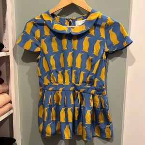 Anthropologie Charlotte Taylor penguin print blue yellow silk blouse size 2 NWT